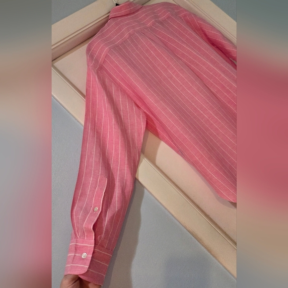 Women's J. McLaughlin Britt Linen Pink With White Pin Stripes Blouse, Size L - Picture 11 of 13